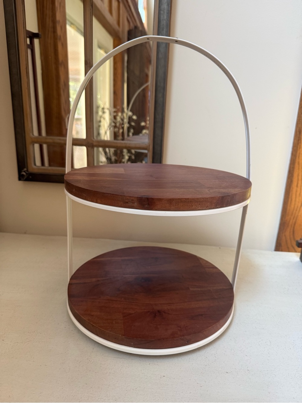 Hearth & Hand Two-Tier Wood Serving Stand in Brown and White